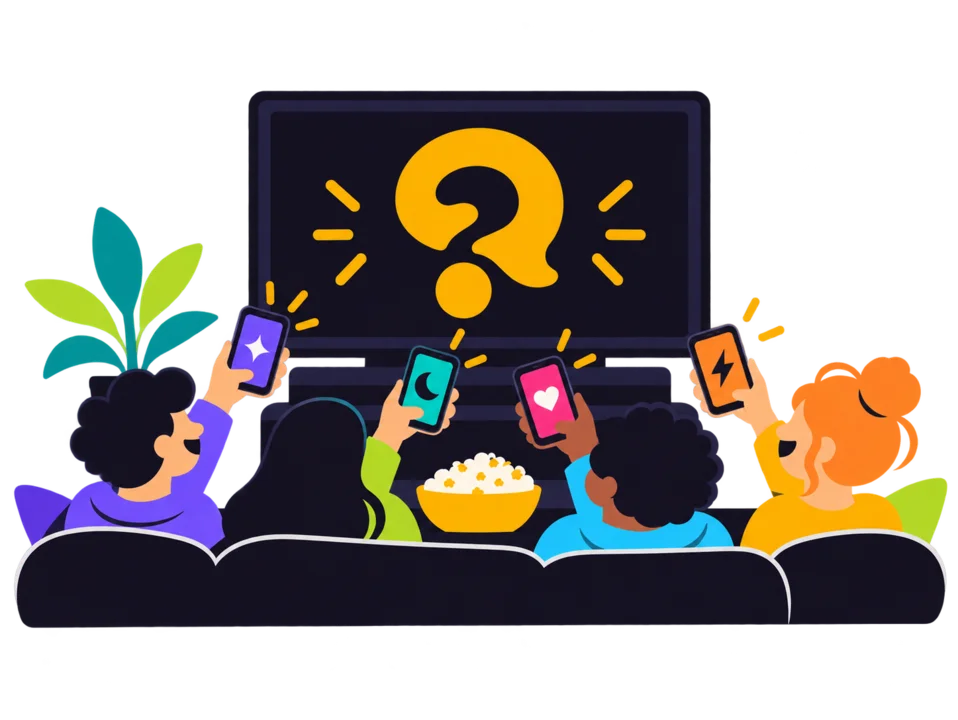 Friends on a sofa answering a quiz on their phones in front of a TV