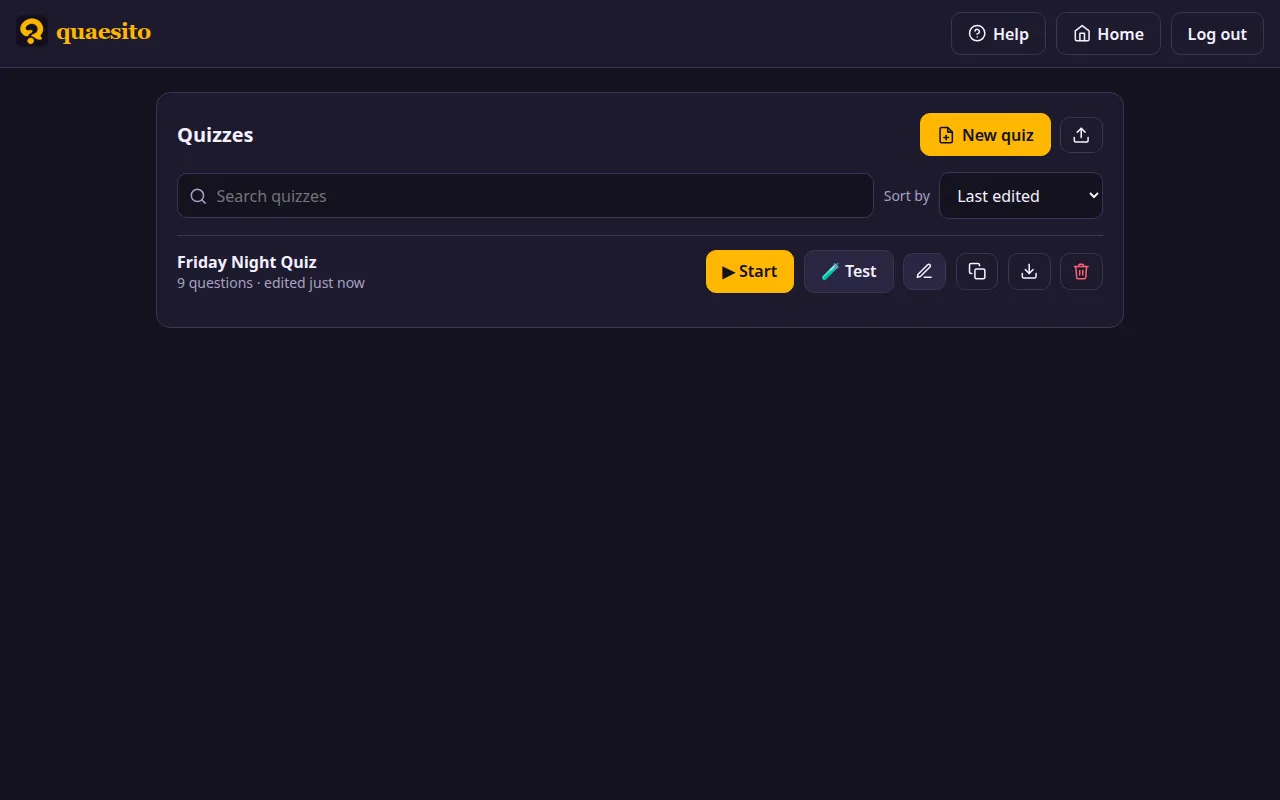 The admin page with the quiz list