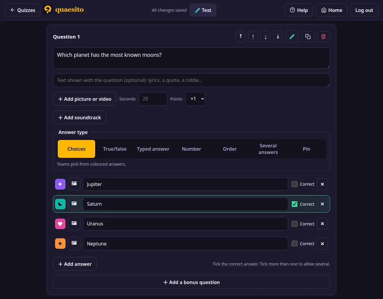 The quiz editor with a multiple-choice question