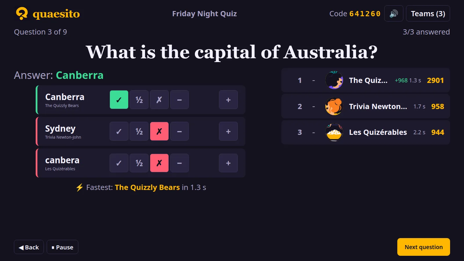 Typed answers grouped with judging buttons