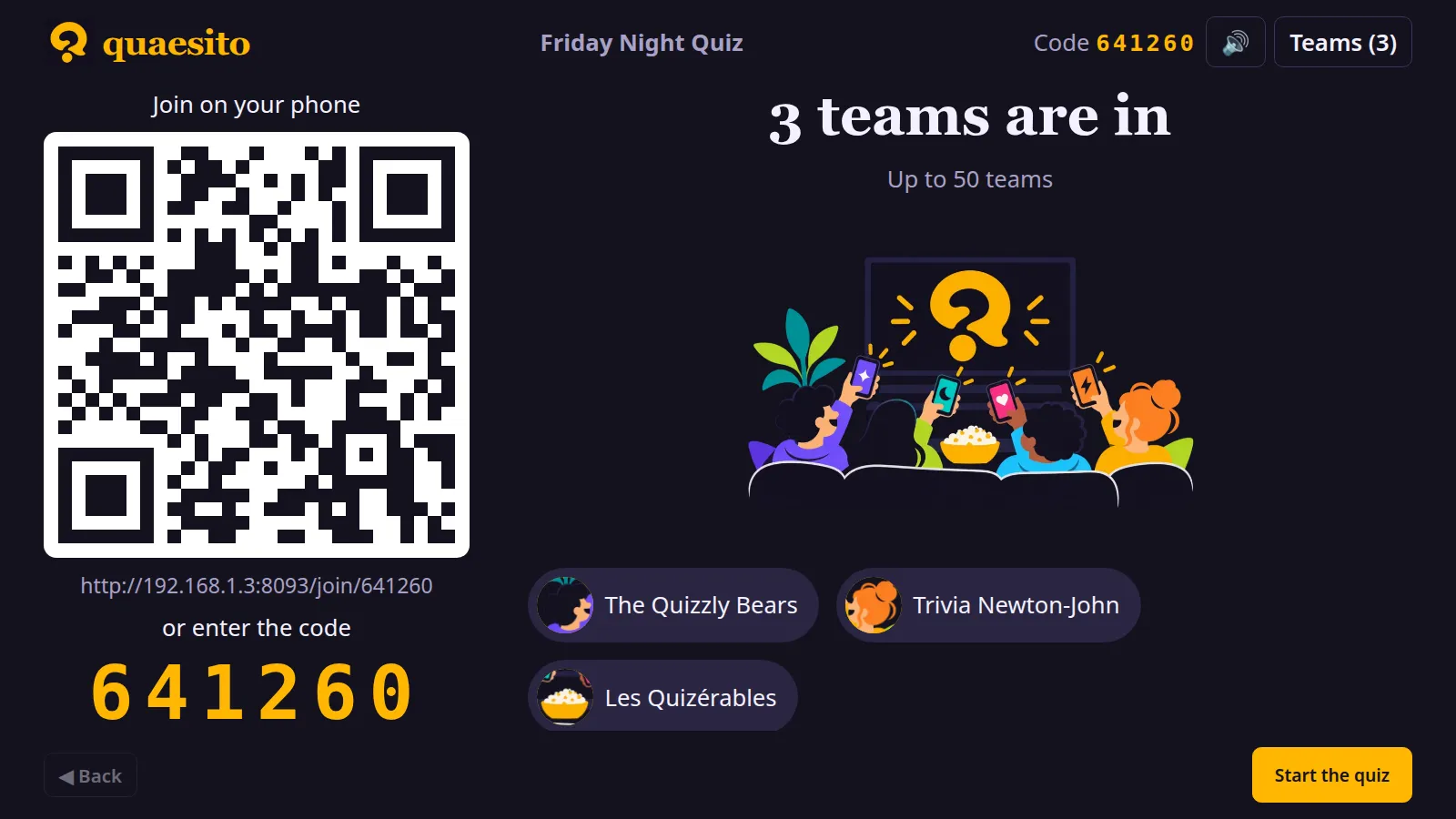 The big screen's lobby with a QR code and three teams