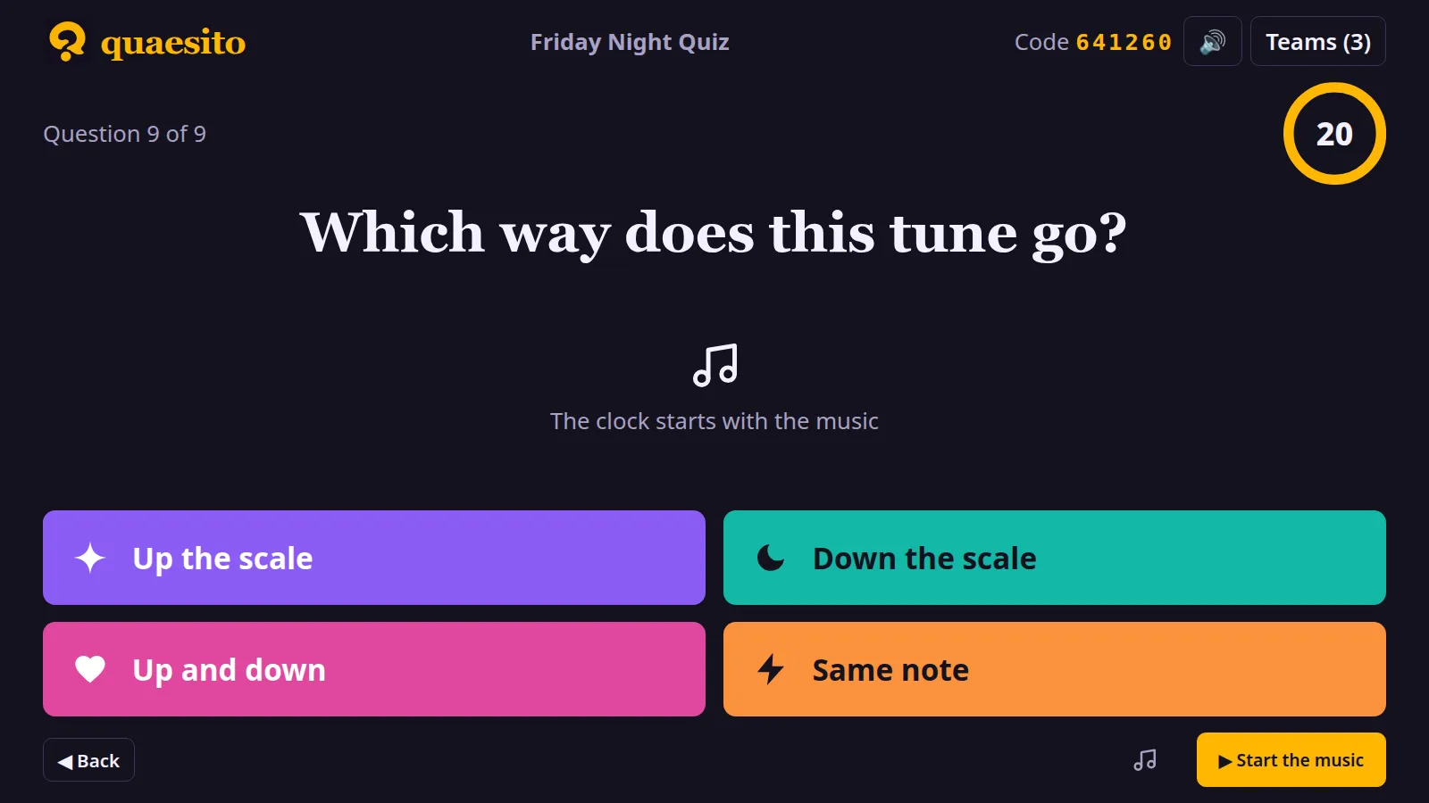A soundtrack question waiting for the host to start the music